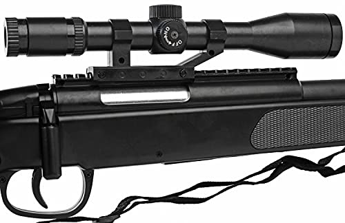 Airsoft Paquete Completo con Accesorios - Arma para Airsoft, Swiss Arms Modelo Eagle Negro Sniper, con Resorte, 0,5 Julios, Recarga Manual