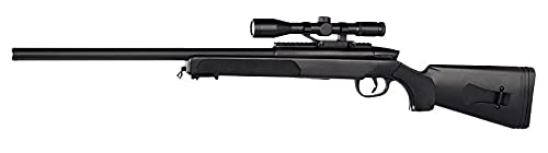 Airsoft Paquete Completo con Accesorios - Arma para Airsoft, Swiss Arms Modelo Eagle Negro Sniper, con Resorte, 0,5 Julios, Recarga Manual