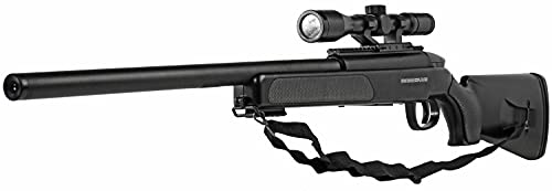 Airsoft Paquete Completo con Accesorios - Arma para Airsoft, Swiss Arms Modelo Eagle Negro Sniper, con Resorte, 0,5 Julios, Recarga Manual