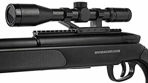 Airsoft Paquete Completo con Accesorios - Arma para Airsoft, Swiss Arms Modelo Eagle Negro Sniper, con Resorte, 0,5 Julios, Recarga Manual