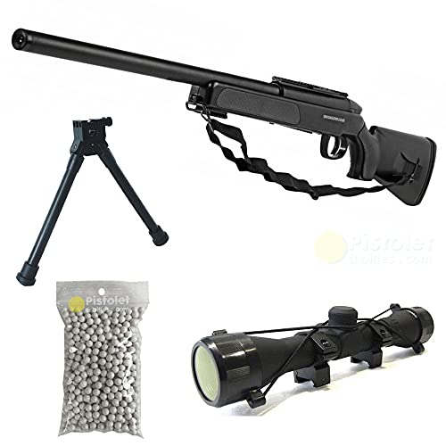 Airsoft Paquete Completo con Accesorios - Arma para Airsoft, Swiss Arms Modelo Eagle Negro Sniper, con Resorte, 0,5 Julios, Recarga Manual