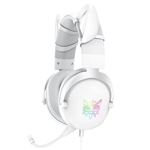 AJIJAR Auriculares para Juegos con Orejas De Gato, Compatibles con Teléfonos y Tabletas para PC, PS5 PS4 Xbox One (Sin Adaptador), con RGB, Micrófono Desmontable, Conector De 3.5 mm y USB C, Blanco