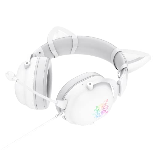 AJIJAR Auriculares para Juegos con Orejas De Gato, Compatibles con Teléfonos y Tabletas para PC, PS5 PS4 Xbox One (Sin Adaptador), con RGB, Micrófono Desmontable, Conector De 3.5 mm y USB C, Blanco