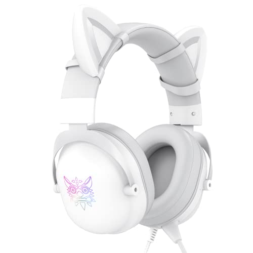 AJIJAR Auriculares para Juegos con Orejas De Gato, Compatibles con Teléfonos y Tabletas para PC, PS5 PS4 Xbox One (Sin Adaptador), con RGB, Micrófono Desmontable, Conector De 3.5 mm y USB C, Blanco