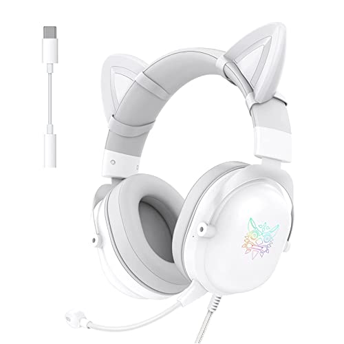 AJIJAR Auriculares para Juegos con Orejas De Gato, Compatibles con Teléfonos y Tabletas para PC, PS5 PS4 Xbox One (Sin Adaptador), con RGB, Micrófono Desmontable, Conector De 3.5 mm y USB C, Blanco