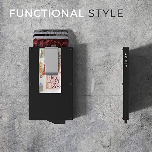 AKIELO Tarjetero de Hombre Bloqueo RFID con Clip para Billetes y Caja Regalo – Cartera Hombre Minimalista – Cartera Tarjetero de Hombre y Protector de Tarjetas Contactless (Colección Alpha)