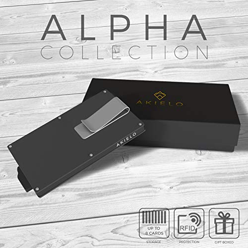 AKIELO Tarjetero de Hombre Bloqueo RFID con Clip para Billetes y Caja Regalo – Cartera Hombre Minimalista – Cartera Tarjetero de Hombre y Protector de Tarjetas Contactless (Colección Alpha)