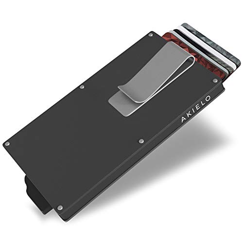 AKIELO Tarjetero de Hombre Bloqueo RFID con Clip para Billetes y Caja Regalo – Cartera Hombre Minimalista – Cartera Tarjetero de Hombre y Protector de Tarjetas Contactless (Colección Alpha)