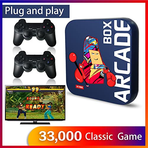 Akin Super Consola con Tarjeta TF de 64 GB Integrada 33000 Juegos 4K FHD TV Consola Videojuegos con 2 Controladores Máximo 4 Jugadores PS1/PSP/N64/DC/MD/NES/GBC Consola para Niños Adultos, 26 Idiomas