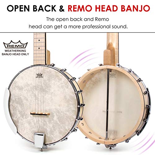 AKLOT Banjo 5 cuerdas, 39 pulgadas Maple Banjo Open Back Remo Head con llave de afinación Picks Strings Tuner Strap Ruler Paño de limpieza Bolsa de transporte para nuevos profesionales principiantes