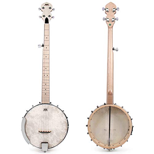 AKLOT Banjo 5 cuerdas, 39 pulgadas Maple Banjo Open Back Remo Head con llave de afinación Picks Strings Tuner Strap Ruler Paño de limpieza Bolsa de transporte para nuevos profesionales principiantes
