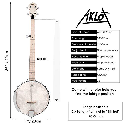 AKLOT Banjo 5 cuerdas, 39 pulgadas Maple Banjo Open Back Remo Head con llave de afinación Picks Strings Tuner Strap Ruler Paño de limpieza Bolsa de transporte para nuevos profesionales principiantes