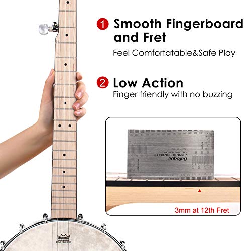 AKLOT Banjo 5 cuerdas, 39 pulgadas Maple Banjo Open Back Remo Head con llave de afinación Picks Strings Tuner Strap Ruler Paño de limpieza Bolsa de transporte para nuevos profesionales principiantes
