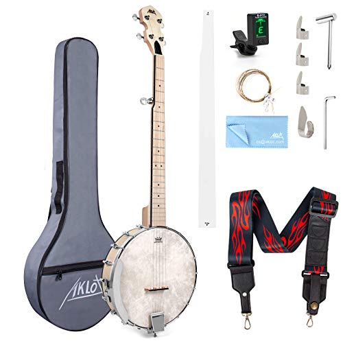 AKLOT Banjo 5 cuerdas, 39 pulgadas Maple Banjo Open Back Remo Head con llave de afinación Picks Strings Tuner Strap Ruler Paño de limpieza Bolsa de transporte para nuevos profesionales principiantes