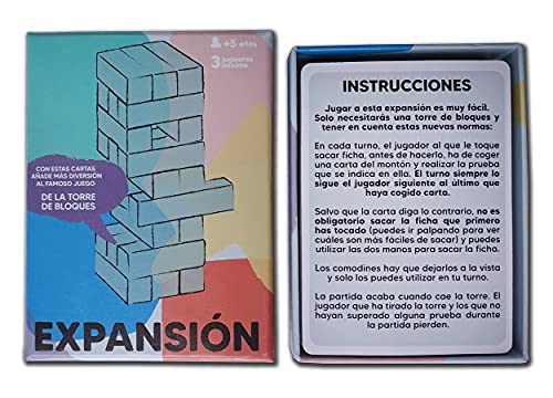 Alcrea Juego de Cartas para Torre de Madera (Jenga™). con Pruebas, retos y comodines Que amplían el Popular Juego de Mesa. Torre NO INCLUIDA