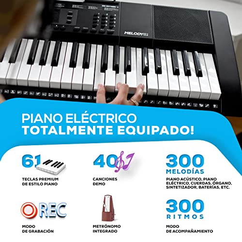 Alesis Melody 61 MKII – Teclado de piano eléctrico con 61 teclas, altavoces integrados, auriculares, micrófono, soporte para piano, atril y banqueta