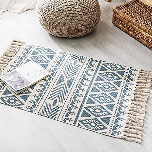 Alfombra Tejida a Mano con Borlas, Morbuy Algodón y Lino Estampadas Esterilla Lavable, Decorativo Manta Té Cuarto de Estar Alfombra Mesita Área de Alfombra (60 * 90cm,Blue Fair Isle)