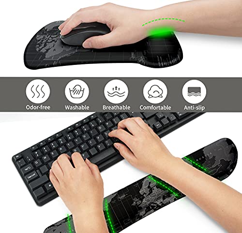 Alfombrilla de Ratón y Almohadilla de Teclado con Reposamuñecas Ergonómico, Mouse Pads Cojín de Muñeca Base de Goma Antideslizante Licra Cómodo para Oficina Gaming Ordenador PC - Mapa del Mundo