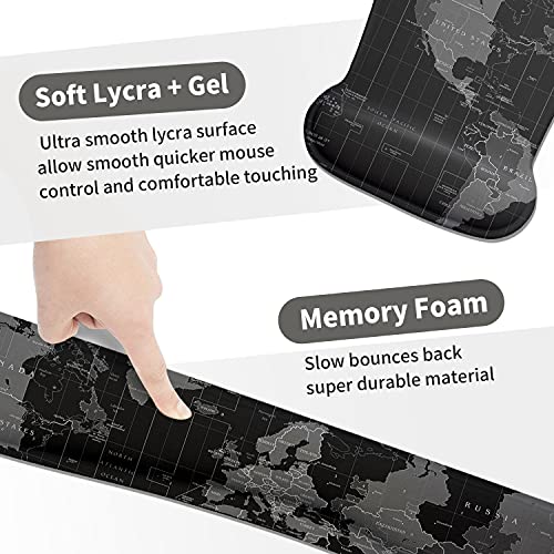 Alfombrilla de Ratón y Almohadilla de Teclado con Reposamuñecas Ergonómico, Mouse Pads Cojín de Muñeca Base de Goma Antideslizante Licra Cómodo para Oficina Gaming Ordenador PC - Mapa del Mundo