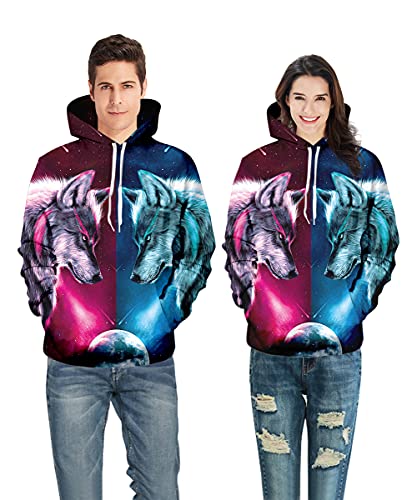ALISISTER Galaxia Lobo Hoodie 3D Active Design Hoody Pullover Teens Adultos Sudadera con Capucha de Manga Larga para Hombres Mujeres Blanco XL