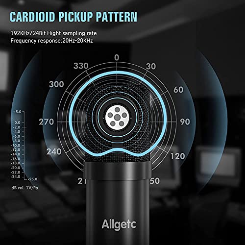 Allgetc micrófono de Condensador USB micro Cardioide Profesional microfono streaming micro pc para Grabar Música y Video Podcast, micrófono de Estudio con Montaje Anti-choque y Kit Abrazadera de Montaje