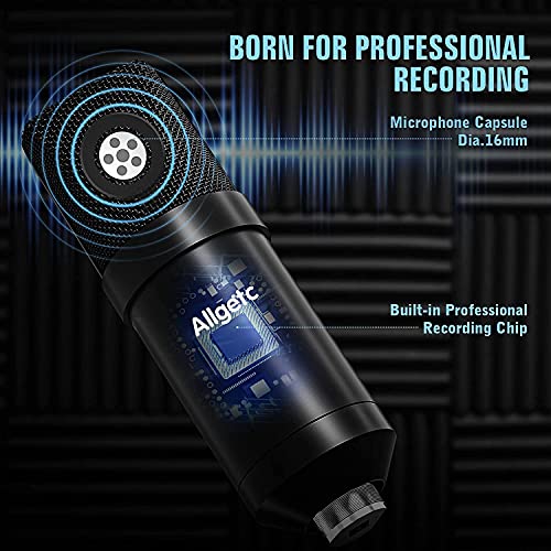 Allgetc micrófono de Condensador USB micro Cardioide Profesional microfono streaming micro pc para Grabar Música y Video Podcast, micrófono de Estudio con Montaje Anti-choque y Kit Abrazadera de Montaje