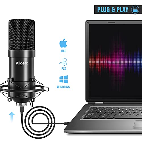 Allgetc micrófono de Condensador USB micro Cardioide Profesional microfono streaming micro pc para Grabar Música y Video Podcast, micrófono de Estudio con Montaje Anti-choque y Kit Abrazadera de Montaje