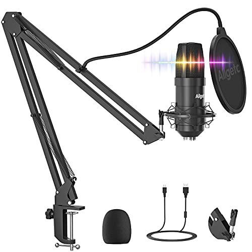 Allgetc micrófono de Condensador USB micro Cardioide Profesional microfono streaming micro pc para Grabar Música y Video Podcast, micrófono de Estudio con Montaje Anti-choque y Kit Abrazadera de Montaje