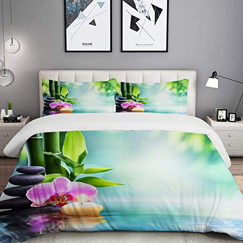 ALLMILL Bedding Juego de Funda de Edredón,Green Zen SPA Still Life Vela y Piedra con bambú en la Naturaleza en orquídea de Agua，Microfibra Funda de Nórdico y Fundas de Almohada - 140 x 200cm