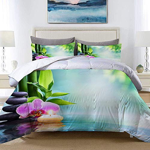 ALLMILL Bedding Juego de Funda de Edredón,Green Zen SPA Still Life Vela y Piedra con bambú en la Naturaleza en orquídea de Agua，Microfibra Funda de Nórdico y Fundas de Almohada - 140 x 200cm