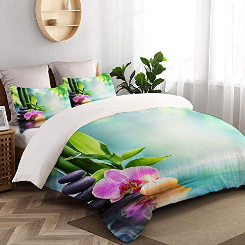 ALLMILL Bedding Juego de Funda de Edredón,Green Zen SPA Still Life Vela y Piedra con bambú en la Naturaleza en orquídea de Agua，Microfibra Funda de Nórdico y Fundas de Almohada - 140 x 200cm