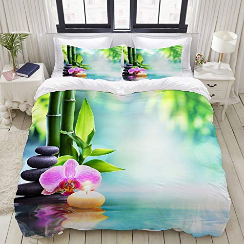 ALLMILL Bedding Juego de Funda de Edredón,Green Zen SPA Still Life Vela y Piedra con bambú en la Naturaleza en orquídea de Agua，Microfibra Funda de Nórdico y Fundas de Almohada - 140 x 200cm