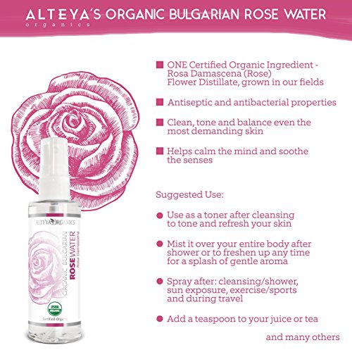 Alteya Organic Agua Floral de Rosa (Rosa Damascena) 100 ml – Spray - 100% Puro Natural Bio Producto con Certificado USDA Destilado al Vapor de Frescas Cosechas a Mano Flores de Rosa Vendidas Directamente por el Cultivador y Destilador Alteya Organics desd