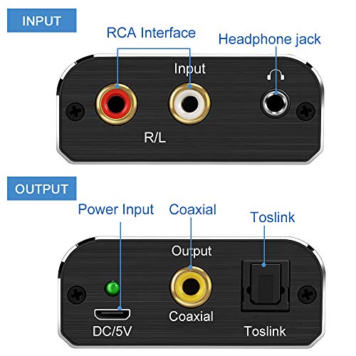 AMANKA Convertidor Analógico a Digital,Convertidor de Señal de Audio Análogo,Análogo Estéreo R/L RCA a Digital Óptico Coaxial Toslink SPDIF Audio Converter con Óptico Cable.