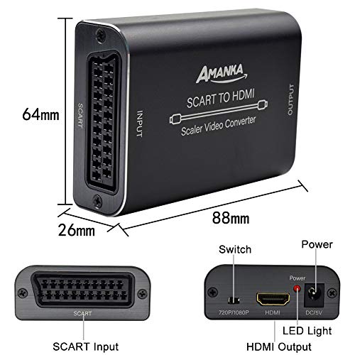 AMANKA SCART a HDMI Convertidor, Euroconector a HDMI Adaptador 1080P SCART a HDMI Adaptador Entrada Scart Salida HDMI Soporte Scaler para HDTV,DVD BLU-Ray,Monitor,Proyector,STB,VHS,PS3, PS4 Sky
