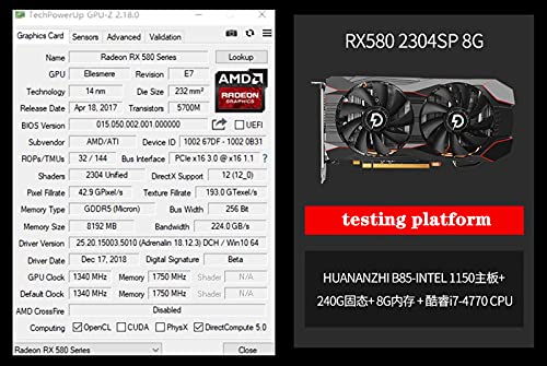 AMD RX580 8GB tarjetas gráficas, 256Bit 2304SP GDDR5 1340/7000Mhz tarjetas de vídeo, RX 580 GPU Desktop Computer Game Videocard adecuado para BTC/ETH Mining (RX580 8G)