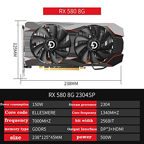 AMD RX580 8GB tarjetas gráficas, 256Bit 2304SP GDDR5 1340/7000Mhz tarjetas de vídeo, RX 580 GPU Desktop Computer Game Videocard adecuado para BTC/ETH Mining (RX580 8G)