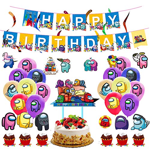 Among Us Fiesta de Cumpleaños Suministros, globo, espiral Decoración, adorno para tarta, Juego de Suministros para Fiesta de Cumpleaños con Guirnalda de Cumpleaños para Niños