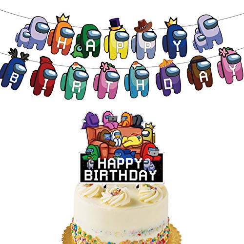 Among Us Party Supplies - Among Us Birthday Party Decorations Happy Birthday Banner,Balloon,Cake Topper for Among Us Theme Party Favor Supplies Set