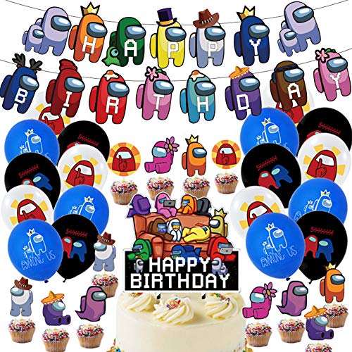 Among Us Party Supplies - Among Us Birthday Party Decorations Happy Birthday Banner,Balloon,Cake Topper for Among Us Theme Party Favor Supplies Set
