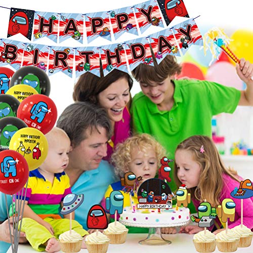 Among Us Party Supplies Juego de suministros para fiestas de cumpleaños para niños con pancartas de Globos de cumpleaños feliz decoración de tartas