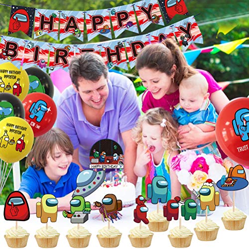 Among Us Party Supplies Juego de suministros para fiestas de cumpleaños para niños con pancartas de Globos de cumpleaños feliz decoración de tartas