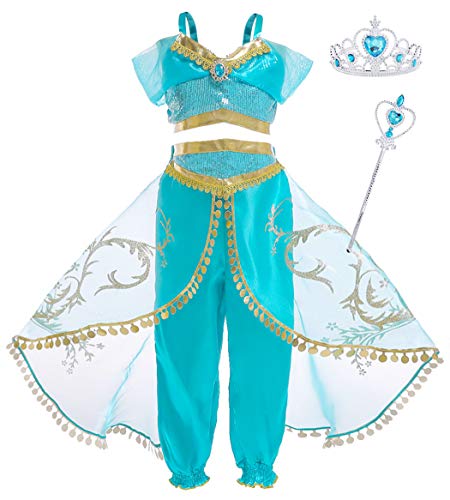 AmzBarley Niña Aladdin Princesa Disfraz Jazmín Tops Pantalones Traje Cosplay Actuación Carnaval Navidad Regalo Cumpleaños Danza Vientre