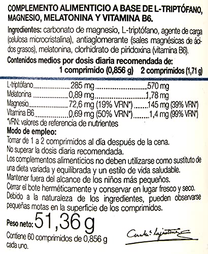 Ana Maria Lajusticia - Triptófano con melatonina + magnesio + VIT B6 – 60 comprimidos. Induce al sueño y mejora la calidad del sueño. Apto para veganos. Envase para 30 días de tratamiento.