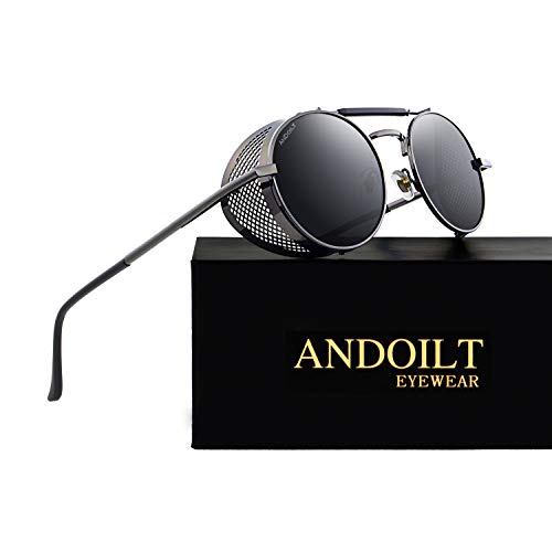 ANDOILT Steampunk Redondo Gafas de Sol para Hombres Mujeres Vintage Retro Gafas Matel Marco UV400 Protección Gris Marco Gris Lente