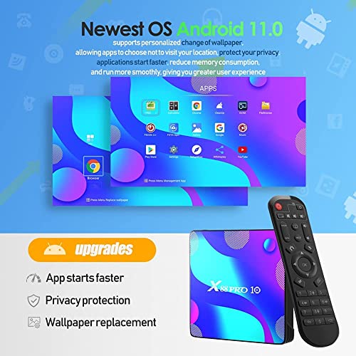 Android 11 TV Box,4GB RAM 32GB ROM RK3318 Quad-Core 64bit Cortex-A53 Support 2.4/5.0GHz Dual-Band WiFi BT4.0 3D 4K 1080P H.265 10/100M Ethernet HD 2.0 Smart TV Box