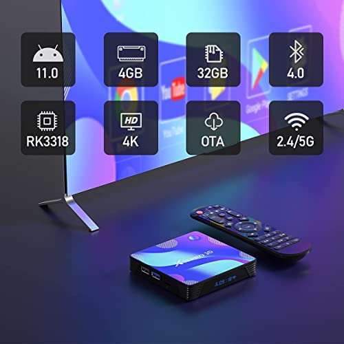 Android 11 TV Box,4GB RAM 32GB ROM RK3318 Quad-Core 64bit Cortex-A53 Support 2.4/5.0GHz Dual-Band WiFi BT4.0 3D 4K 1080P H.265 10/100M Ethernet HD 2.0 Smart TV Box