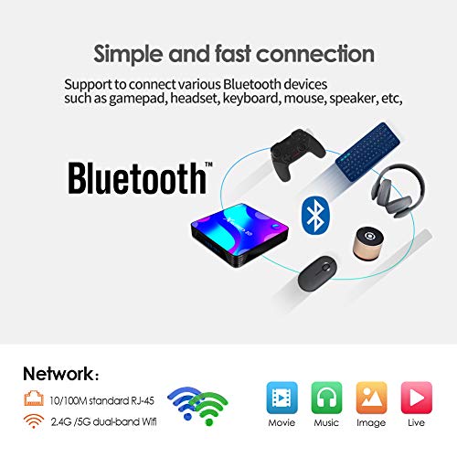 Android 11 TV Box,4GB RAM 32GB ROM RK3318 Quad-Core 64bit Cortex-A53 Support 2.4/5.0GHz Dual-Band WiFi BT4.0 3D 4K 1080P H.265 10/100M Ethernet HD 2.0 Smart TV Box