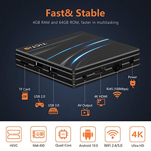 Android TV Box 10.0【4G+64G】, TICTID D1 PRO TV Box RK3318 Quad-Core 64bit WiFi-Dual 5G/2.4G+100M BT 4.0, 4K*2K UDR H.265, USB 3.0 Smart TV Box