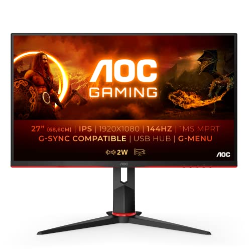 AOC 27G2U/BK Monitor Gaming de 27" Full HD e-Sports (IPS, 1ms, AMD FreeSync, 144Hz, Sin Marco, Ajustable en Altura y FlickerFree)